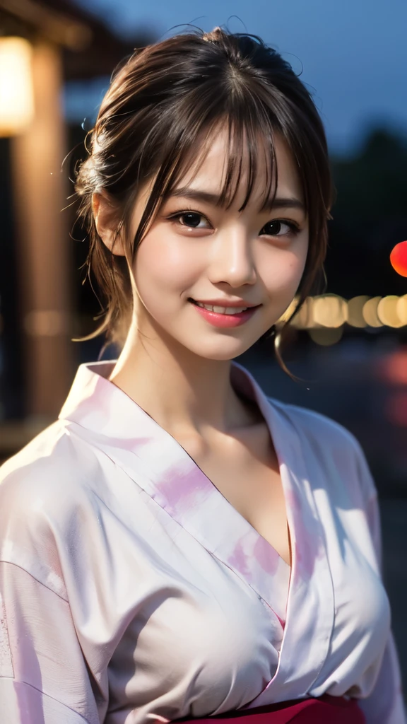 8k,Highest quality,(masterpiece:1.2),(Realistic),(Realistic:1.37),Ultra-high resolution,1 female college student,festival,night,smile,Beautiful Eyes,(((Cute Yukata))),Perfect body,Perfect Fingers,Professional Lighting,gravure,Detailed face and skin texture,fine grain,RAW Photos