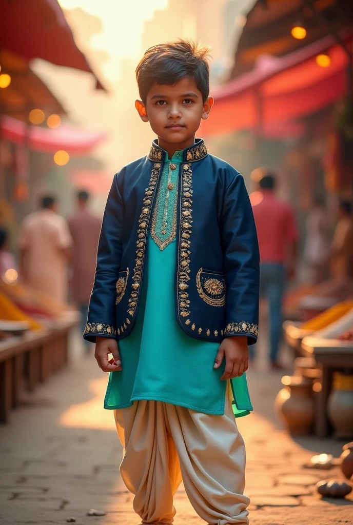 Design a boy wearing a combination of a traditional kurta (a long shirt worn in many South Asian cultures) and a dhoti (a traditional Indian garment) along with elements of a sherwani (a formal outfit worn at weddings) mixed with a modern shirt or jacket.
