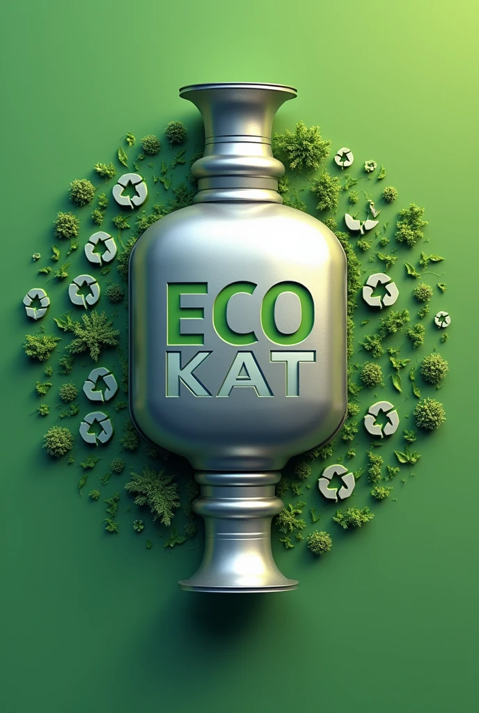 logo of a car catalytic converter in the shape of the catalytic converter it says ECO-KAT, around it there if recycling elements, electronic waste logos, smaller dpf filters and catalytinc converters