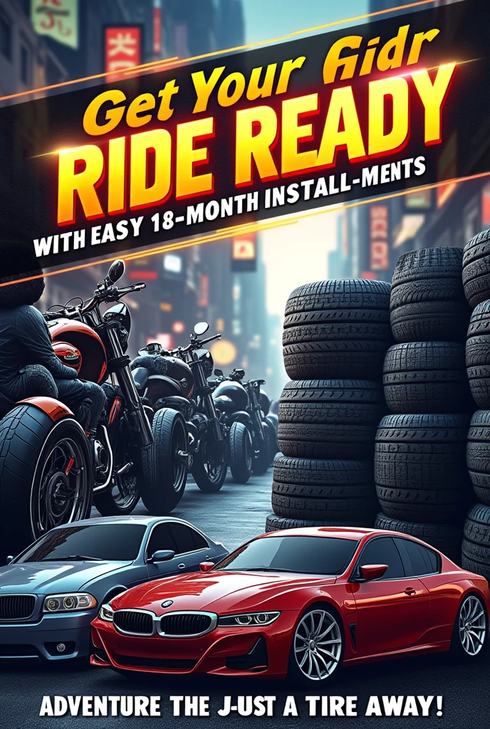 advertising for a car tire and motorcycle parts store, with installment payment on your credit card in 18 installments without interest