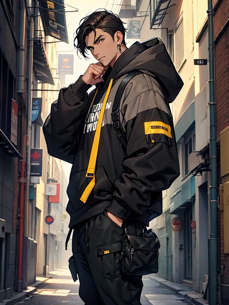A tall brunette guy with a Height of 1,92 and Black hair and Light Brown eyes the Gray shirt, black hoodie with a hood and long sleeves that go to the middle of the forearm , green watch on the right wrist, black and long pants, dark blue sneakers with yellow laces, and a black backpack with details on the golden straps, and an earring in the left ear.