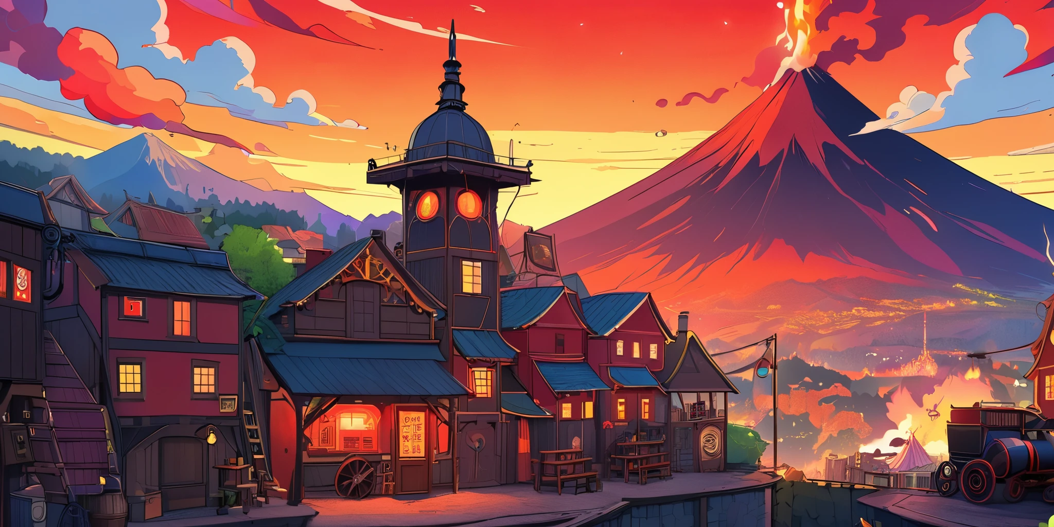 Draw a lofi anime poster, village, volcan, Steampunk Decoration, faire, lumière, a beautiful color palette in black red, couleurs saturées vibrantes, ouvrages d'art, days, animated theme