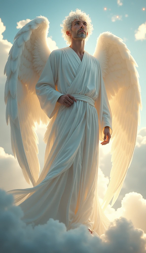 Angel, male, quite tall, his skin pale, neat and even fragile physique, long snow-white hair. He has two pairs of wings, the first pair of wings is small, they cover his white eyes, the second pair is huge wings 4 meters long and wide to the floor. He is dressed in white robes, floor-length, clouds and heaven lights background.