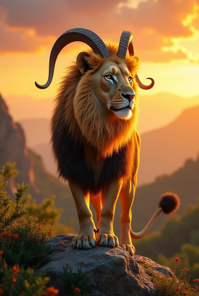 Generate a high-resolution, realistic image of a chimera. The chimera should have the head of a lion, the body of a goat, and the tail of a snake. The setting should be a dense, mythical forest with mist and ancient trees. Ensure the lighting is dramatic, highlighting the textures of the lion's mane, the goat's fur, and the snake's scales.