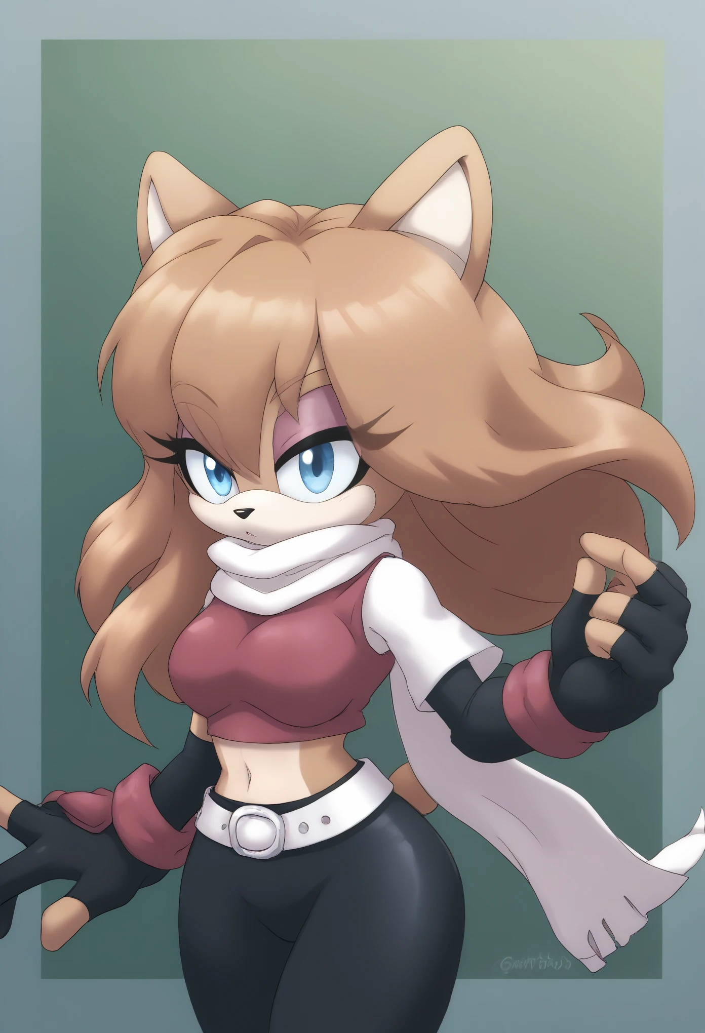 (1girl), (solo), Female Mink, light brown fur, long hair, fringe_trim styled hair bangs, blue eyes, medium bust, white cropped vest coat, reddish magenta crop top, black yoga pants, white belt, long anime-like scarf blowing in the wind, long elbow length black gloves, fingerless gloves, makeup, eyelashes, daytime, mobian, mobius city

