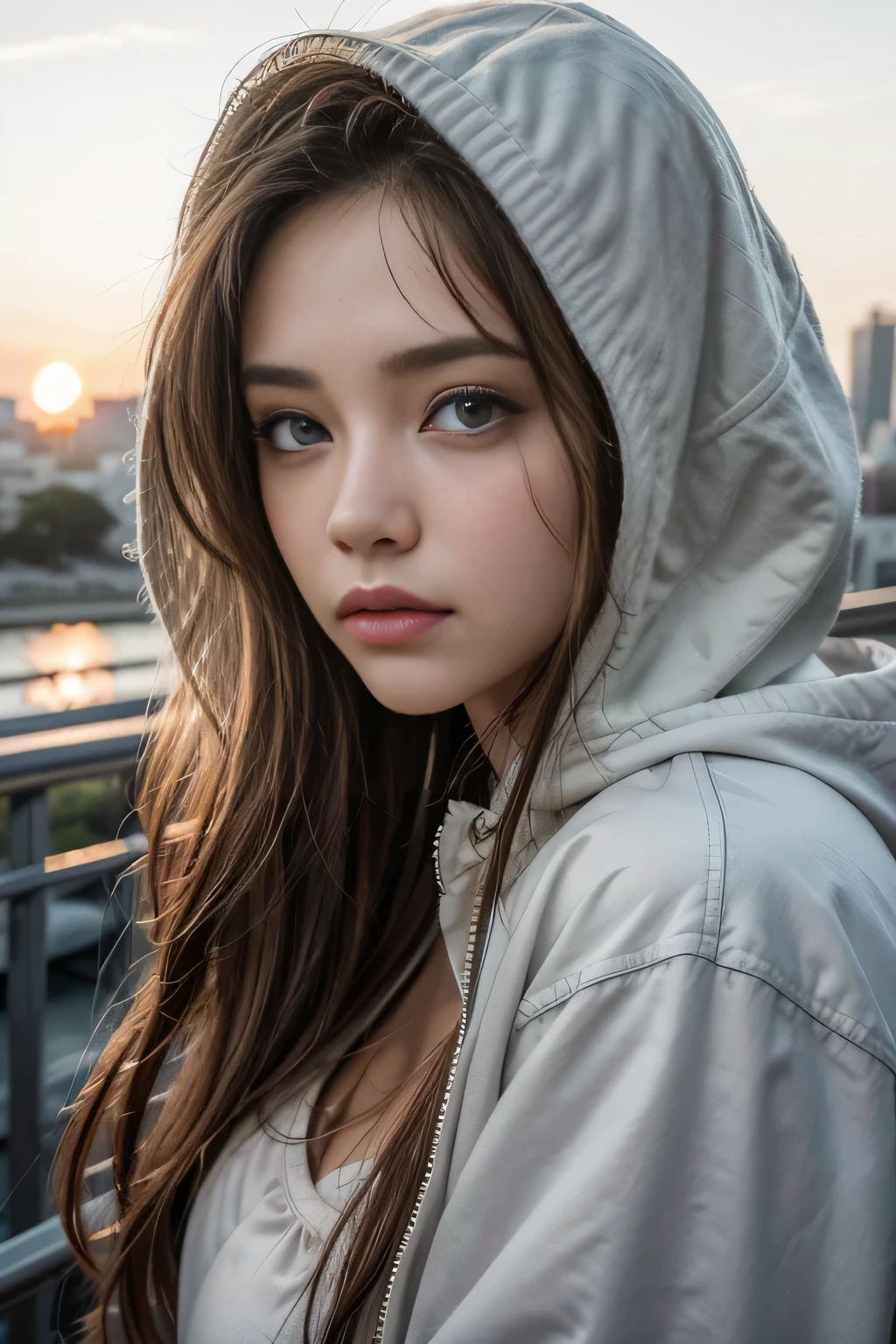 (photorrealistic, 8k, hyperdetailed, highest quallity, CRU), fashion shooting, portraite, close up, 1 girl, bonitas, cute face, mais bonitas do mundo, detailedeyes, long dark hair, large and drooping breasts, wearing gray hood, sports well:1.2, details Intricate, San Francisco Background, sun-kissed, bright sunny, SFW:1.5, bokeh, golden hour time, sunset, beautiful clouds,