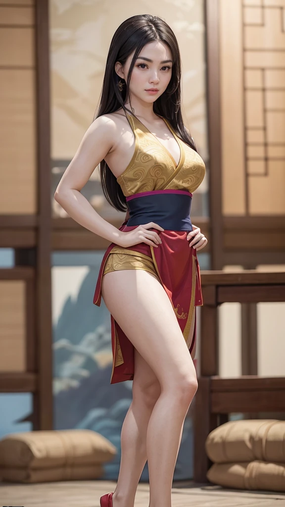 Best quality, masterpiece, 1girl, (Disney's Mulan cosplay), (Disney's Mulan costume), tall, fit body, straight hair, chinese girl, high thighs cleavage, (full body), extremely beautiful, realistic skin texture, posing in the middle, symmetrical pose, river, bamboo, palace