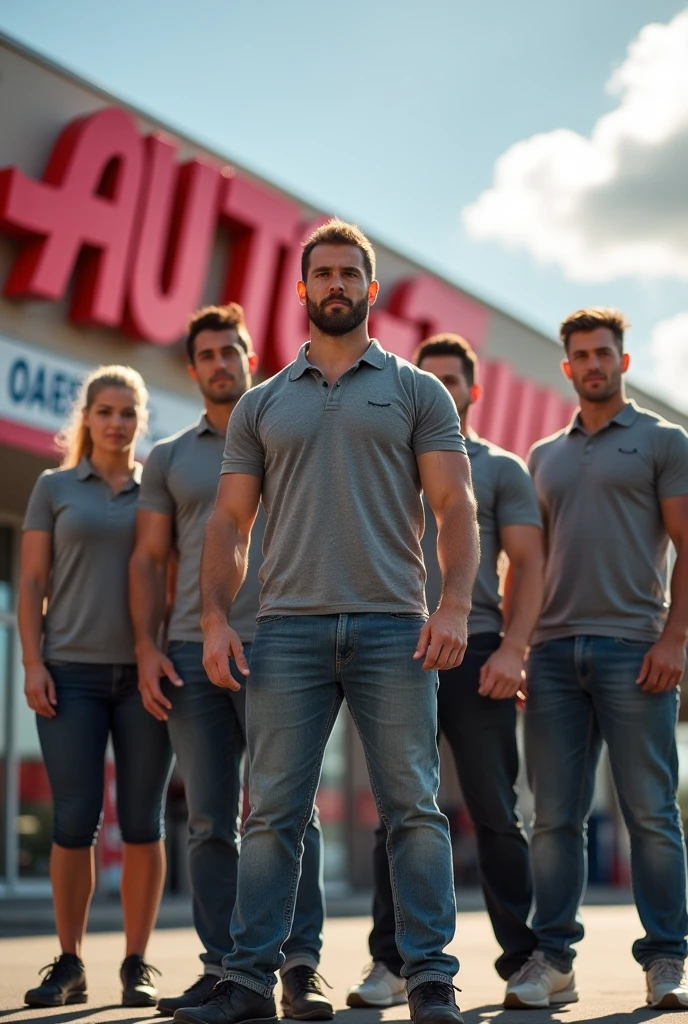 Really muscular women and men wearing grey polo shirts with a big red autozone sign in the background 