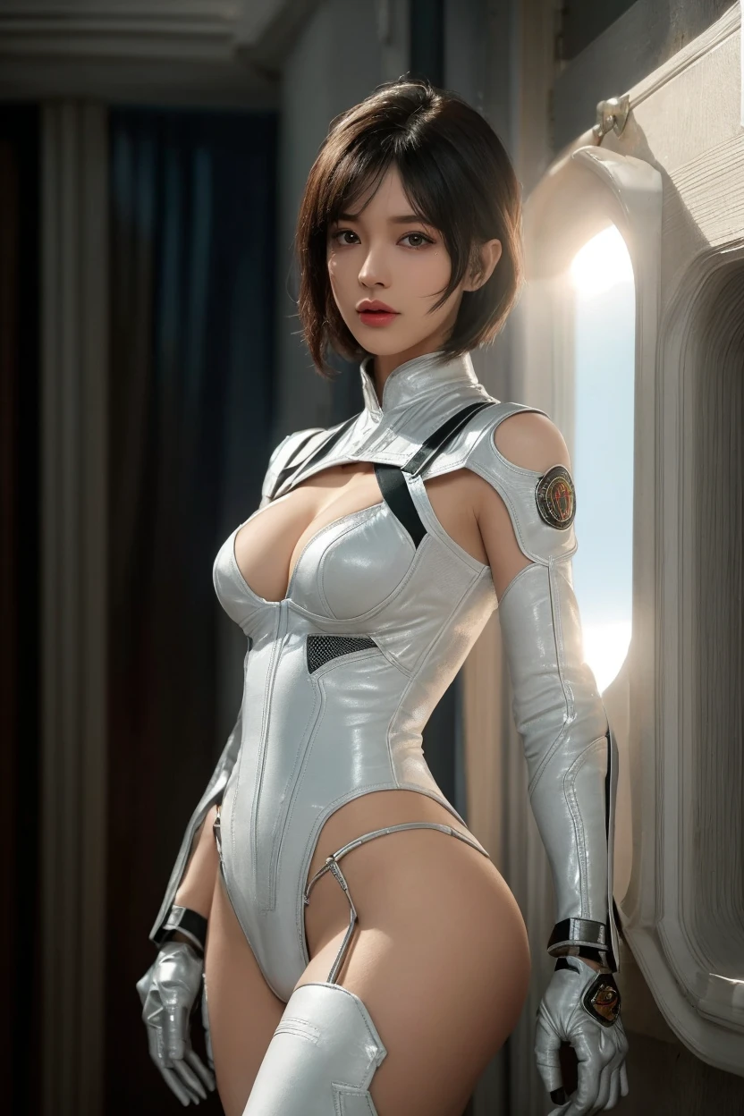 a japanese girl、23years old、(((Standing Pose、Full body like、posterior view)))、Small, well-shaped bust、((Sci-fi details and worldview))、(((White cybernetic suit with leathery sheen、choker necklace、Non-lumpy arm cover protector、Long White Leather Boots、Details inspired by bondage fashion、Transparent Panty House)))、((Exposure of the abdomen and thighs)）、short hair of beautiful dark chestnut color,,,,,,,、 Detailed skin texture、Detailed Cloth Texture、 beautifull detailed face,、Looking at the camera、二重まぶた、Shining eyes、A slight smil、sexy lip、perfect buttocks、Intricate details、ultra-detailliert、 soft light rays、Cinematic lighting、radiant eyes、shinny skin、realisitic、The perfect female figure、Constricted waist、enchanting posture、sexy  pose、extremely delicate and beautiful、best qualtiy、a beautiful detailed girl、Beautiful fine eyes、Facial Lights、Soft light、Inorganic and dark background、realistic representation of face、（top-quality、Nikon RAW Photos、8 K、Kodachrome、​masterpiece、超A high resolution）