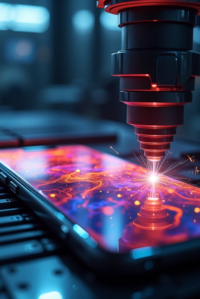 iphone 15 pro max, with 4k hd result, showing beautiful colorfull abstract image, in front glassed protector, to lazer beam machines are manufacturing glass protector with lazer