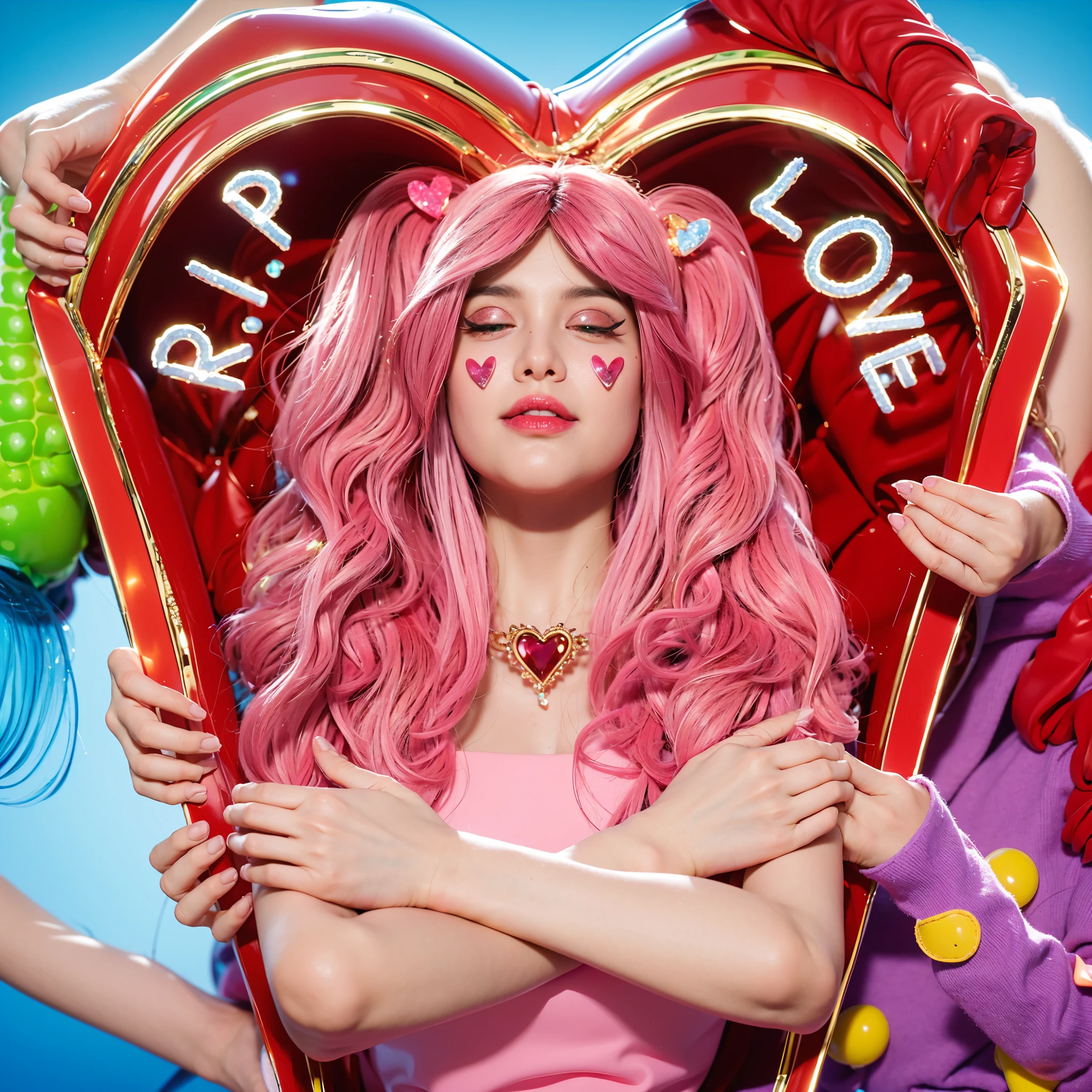 This image features a character with vibrant green hair and a lively expression, contributing to a playful and imaginative atmosphere. She is dressed in a purple jumper adorned with large yellow polka dots and a striking red collar, enhancing her colorful and whimsical appearance. Her hair is accessorized with pink clips, and her cheeks are embellished with glittery makeup, emphasizing a festive or theatrical theme. Her dynamic pose, with hands extended as if in a dance or during a playful activity, along with her bright smile, suggests she is engaged in a joyful moment. The solid blue background serves to highlight her colorful ensemble and the lively energy she embodies, possibly depicting a scene from a children's show or a fantasy narrative.. he purple background complements the costume, creating a vibrant and engaging scene. (glossy plastic texture with multiple big light probe refractions), perfect cgi, smooth silhouette, high intensity refraction, (super glossy plastic material), most beautiful vfx, , realistic, 4k, high resolution, rim light, smooth 3d model, multiple light sources, rim light, sharp post effects render,, realistic, 4k, high resolution, rim light detailed digital art, reflective, best quality, 4k, masterpiece:1.2, ultra-detailed, realistic, vivid colors, The image of the highest quality, ensuring every detail showcased perfectly. It in 4k resolution, allowing viewers to immerse themselves in the richness of the colors and intricate details. The realistic rendering. under the spotlight, reflecting, high-resolution image, realistic rendering
