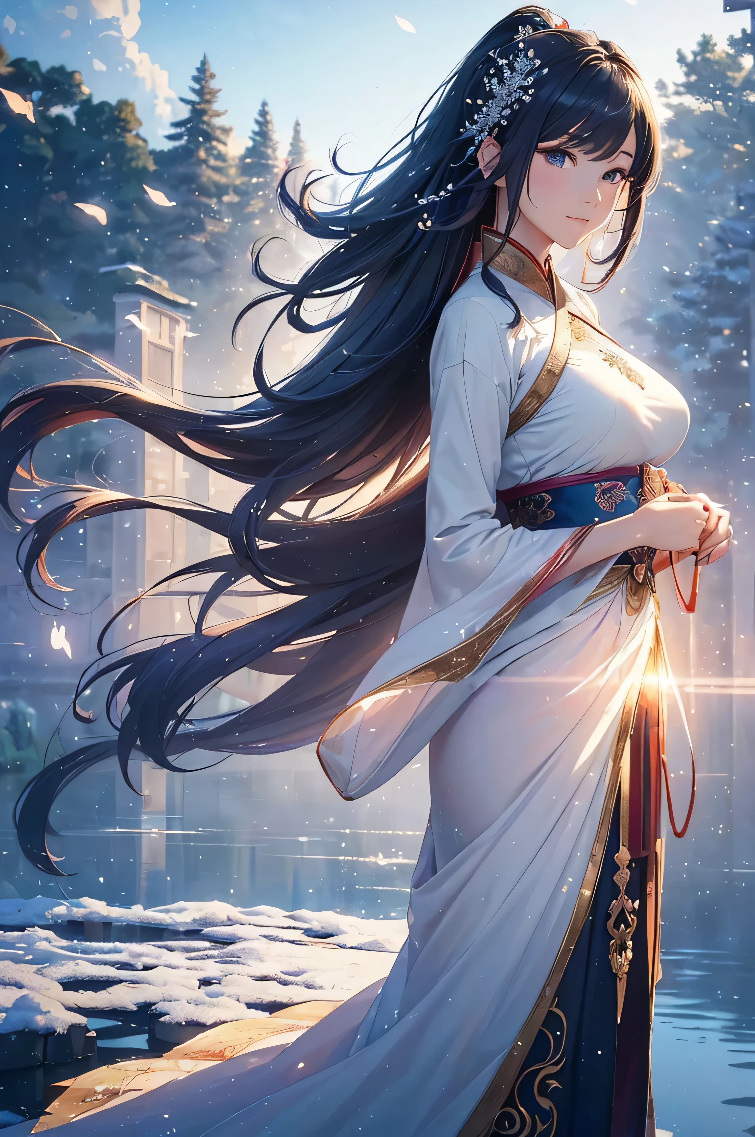 character: A beautiful woman, legendary, fairy, adult, (( hanfu, manner)) ((((realistic oil art, 46-year-old Empress, vibrant look, with silver-black color hair, modest)), perfect body figure, very big breast, very big ass, beautiful face, milf, royal, shine eyes, blue eyes, ponytail long hair style, beautiful skin, Tachibana Omina art style, affectionate eyes, half a smile, a gentle expression on his face, serene scenery of spring under the snow, snow flake floating around, calm, breeze, sun, lake, reflection, in the background, butterflies in the sky, realism, ((Best quality))),8k,((Masterpiece)),(Extremely refined and beautiful), details: 1girl, masterpiece, extremely detailed, (beautiful detailed glow), lens flare, red flare lens, sun flare, clouds, backlighting, (blue sky) , light from behind, shadow on the figure, sparkling light , standing in the distance, looking at the viewer, full-length , elegance under the sun, hair ornament, movement motion, image look alive, Extremely details hair, fine details, cinematic lighting, beautiful lighting effect, creative design, full body frame, divine aura, hard harmony , sun light, perfect color transition, perfect balance of contrast, perfect color layer, perfectly smooth color blur, soft rendering, smooth color stroke, light glare, optic lens, light ray, soft colors, smooth colors blend, perfect color rendering, harmony, perfect color harmony, beautiful color, soft harmony, light particles, perfect details, intricate details, color prism, fine details, refine details, different view point)))