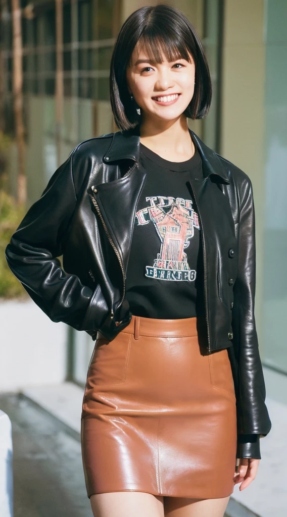 (((Yumikanoku))),((Highest quality, 8k, masterpiece :1.3)), One girl, smile, whole body, Slim face, Beautiful woman, (Dark brown hair), Tight leather pink suit,Pink Short Tight Skirt, Highly detailed face, Detailed eyes, double eyelid, Bokeh Background, Slim face, City of night, Neon Light,outside, Tokyo Street,Japan,leather jacket,Leather skirt,Bob cut short hair,