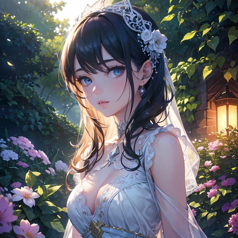a girl with beautiful detailed eyes, beautiful detailed lips, extremely detailed eyes and face, long eyelashes, elegant dress, standing in a garden, right arm hidden behind back, atmospheric lighting, detailed foliage, vivid colors, (best quality,4k,8k,highres,masterpiece:1.2),ultra-detailed,(realistic,photorealistic,photo-realistic:1.37),intricate background, dreamlike atmosphere, cinematic lighting