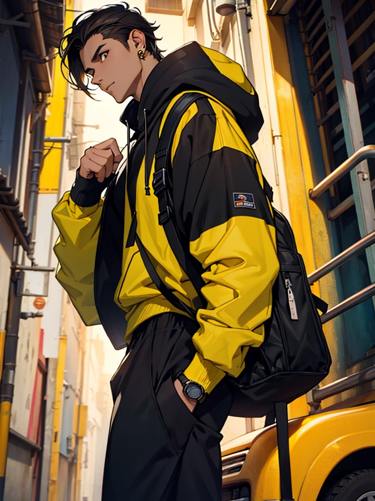 A tall brunette guy with a Height of 1,92 and Black hair and Light Brown eyes the Gray shirt, black hoodie with a hood and long sleeves that go to the middle of the forearm , green watch on the right wrist, black and long pants, dark blue sneakers with yellow laces, and a black backpack with details on the golden straps, and an earring in the left ear.