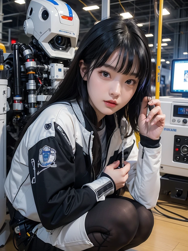 masterpiece, Highest quality, Very detailed, Japaese アンDroid girl,Portraiture,Plump,Thick,Control panel,アンDroid,Droid,Mechanical Hand, robotの腕と脚, Black Hair,Blunt bangs,perfect robot girl,Long tube,A thick cable was attached to her neck.,アンDroid,robot,humanoid,cyborg,japanese cyborg girl ,robot-assembly plant,She is now assembling,Assembly scene,Chubby,Squat