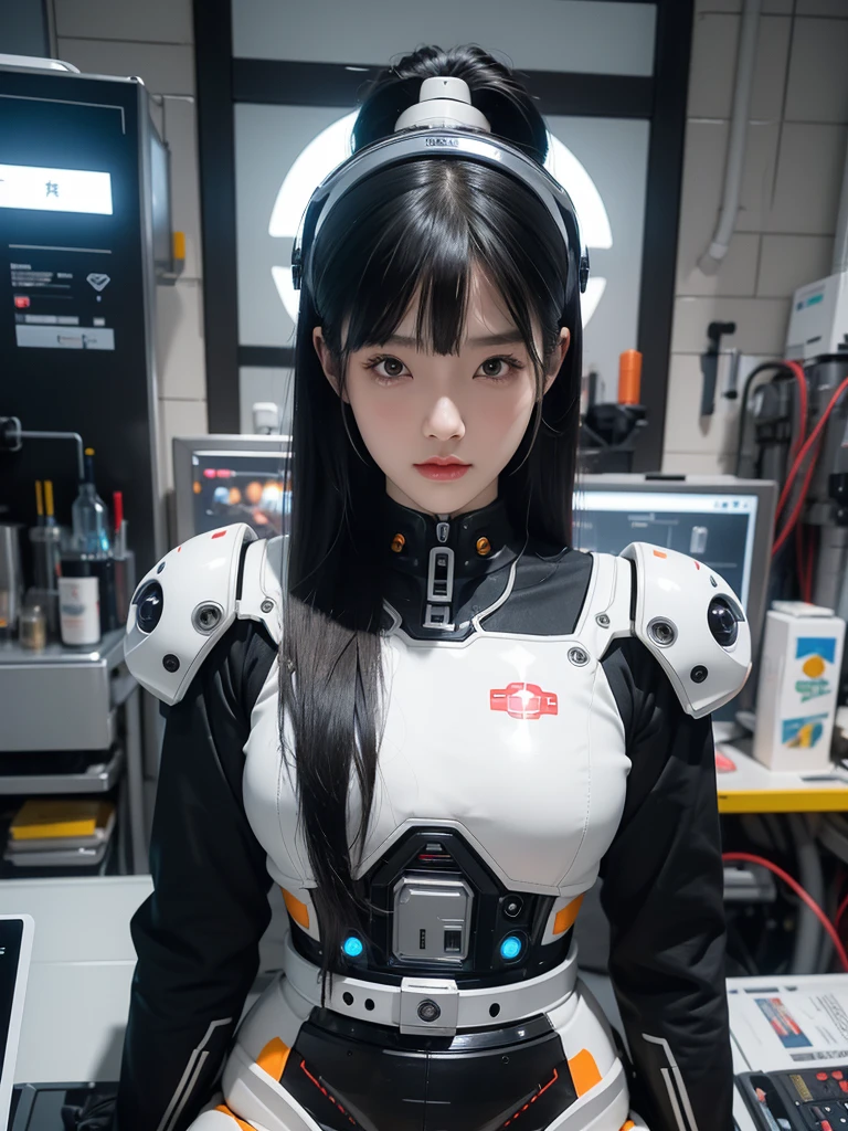 masterpiece, Highest quality, Very detailed, Japaese アンDroid girl,Portraiture,Plump,Thick,Control panel,アンDroid,Droid,Mechanical Hand, robotの腕と脚, Black Hair,Blunt bangs,perfect robot girl,Long tube,A thick cable was attached to her neck.,アンDroid,robot,humanoid,cyborg,japanese cyborg girl ,robot-assembly plant,She is now assembling,Assembly scene,Chubby,Squat