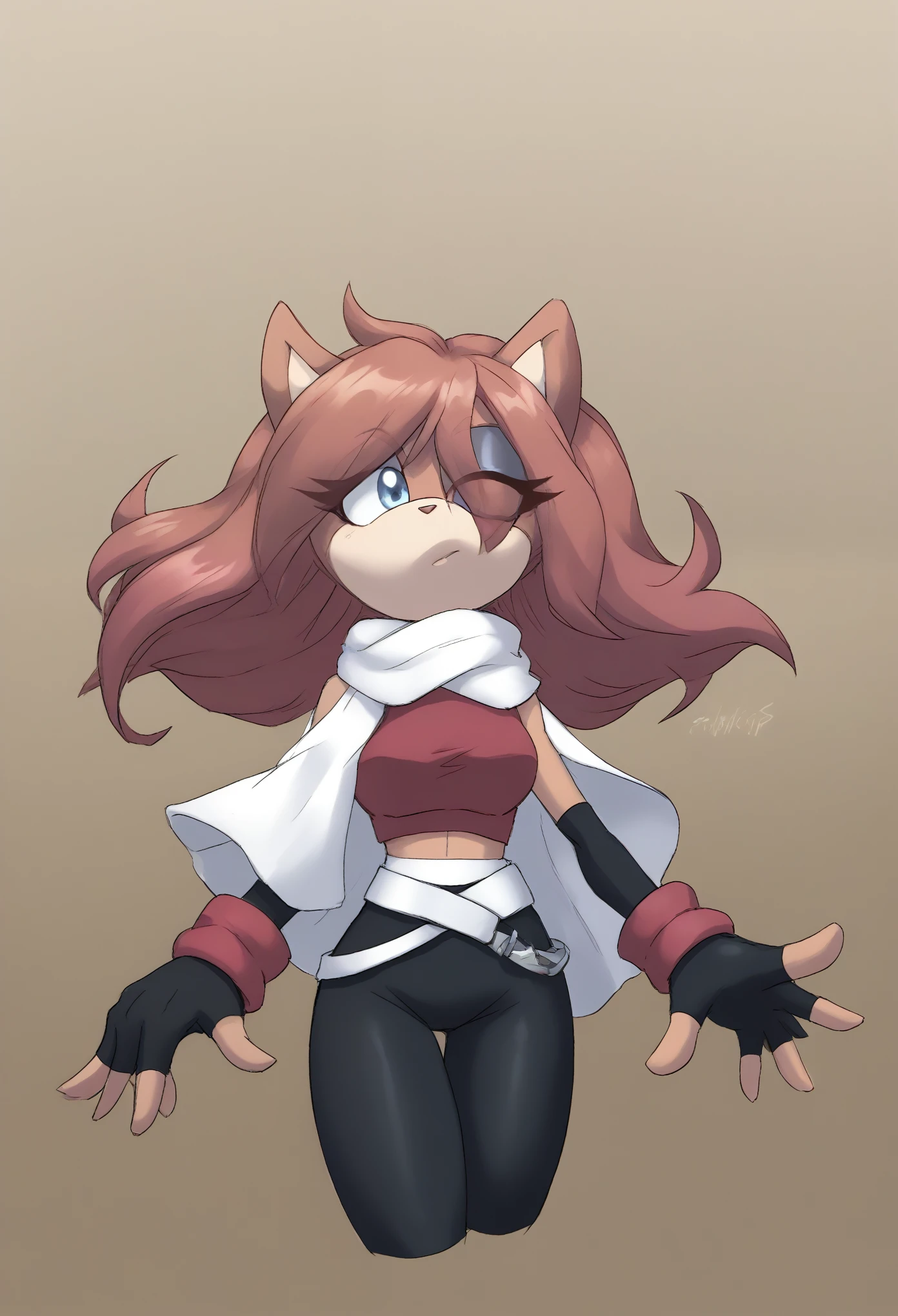 (1girl), (solo), Female Mink, light brown fur, long hair, fringe_trim styled hair bangs, blue eyes, medium bust, white cropped vest coat, reddish magenta crop top, black yoga pants, white belt, long anime-like scarf blowing in the wind, long elbow length black gloves, fingerless gloves, makeup, eyelashes, daytime, mobian, mobius city

