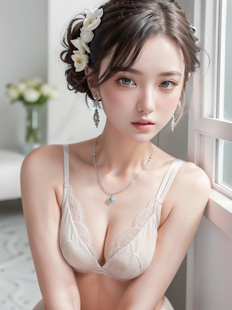 White lace bra,(See through)、Small breasts, High leg underwear 1.5、(((とてもエレガントでbeautiful, Perfect detail, Very detailed))), whole body, The most detailed girl, Written boundary depth, 美しくdetailedなwhole body, Thin legs, 1 person, 30 years old, Very short hair, Spiked Hair, Gray and silver hair, beautiful detailed hair, Perfect Face, Expressionless, beautiful, detailed, Deep Eyes, Open your mouth a little, Delicate arms and hands, Pale skin, Earrings, beautiful and gorgeous necklace, Colorful background, HD background, Blurred Background, とても繊細でbeautiful, masterpiece, (((Highest quality, とてもbeautiful8K CG壁紙))), (((Trendy hairstyles))), (Inside the room,Stylish interior,window),Gravure Posing、Mid-shot photo、