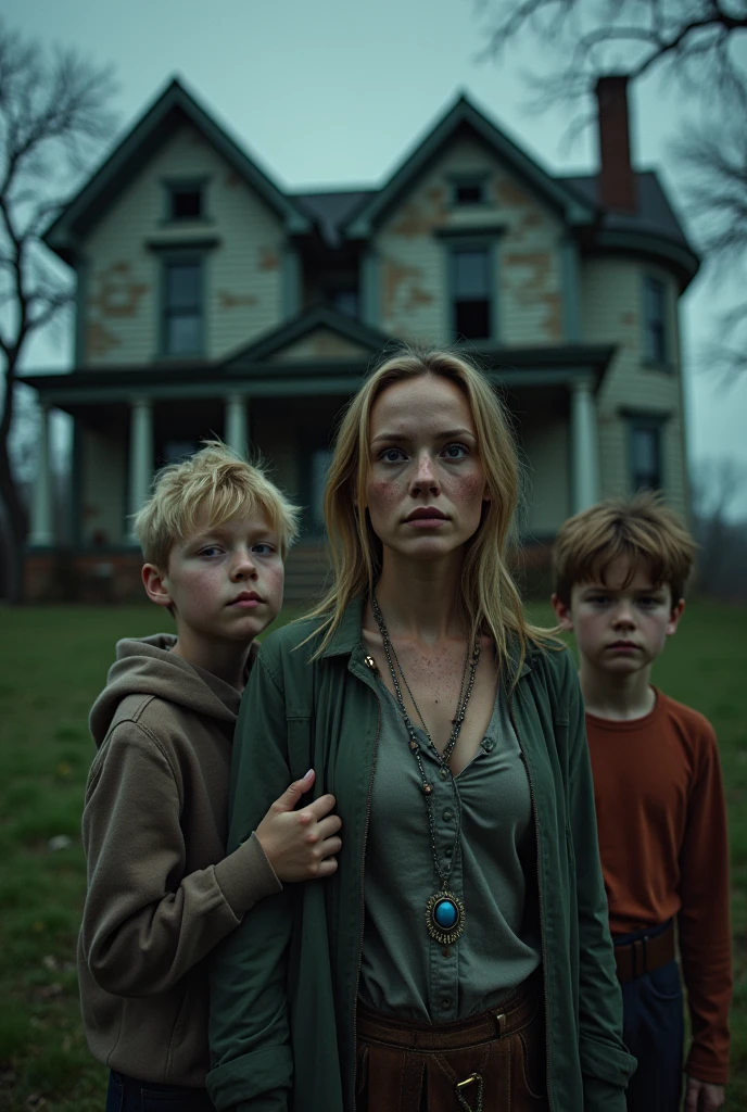 A woman of approximately 22 years old, a 10 year old blond boy, a blond ager with freckles and a necklace with a blue amulet. They are all holding hands in front of an old, abandoned house and their expressions are filled with fear.