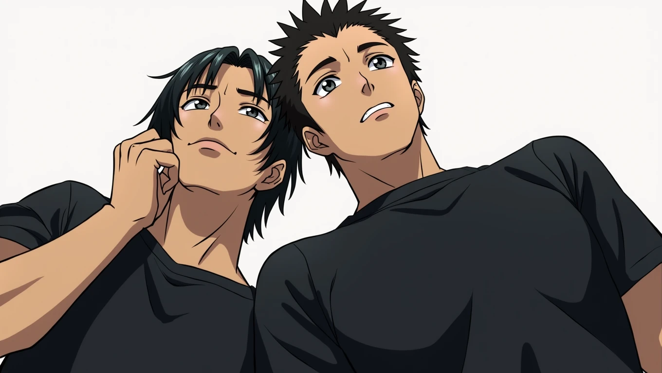 anime characters with black shirts and black hair posing for a picture, two anime handsome men, akehiko inoue and ross tran, katsuhiro and inio asano, bishounen, from yowamushi pedal, sankakucomplex anime image, jin shan and ross tran, jiro matsumoto and yusuke murata