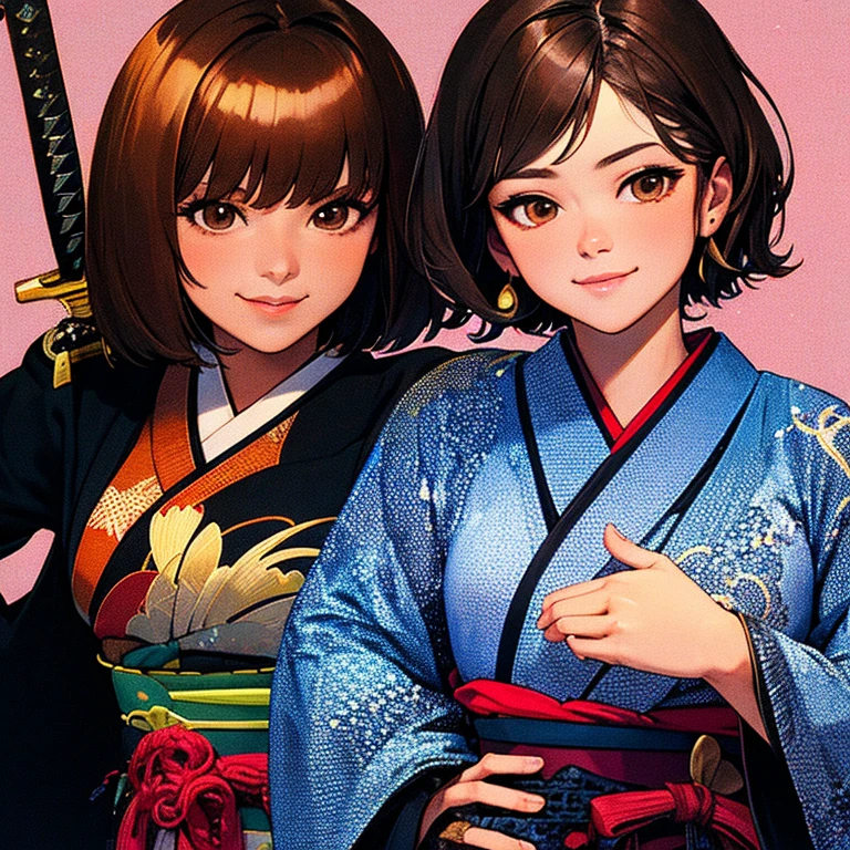 1 girl, One, japanese clothing, short hair, weapon, a sword, Brown eyes, I look at the viewer, kimono, Brown hair, lips, hand on hip, shell, smile, katana, black hair, upper body, closed mouth, shelled, above the handle  