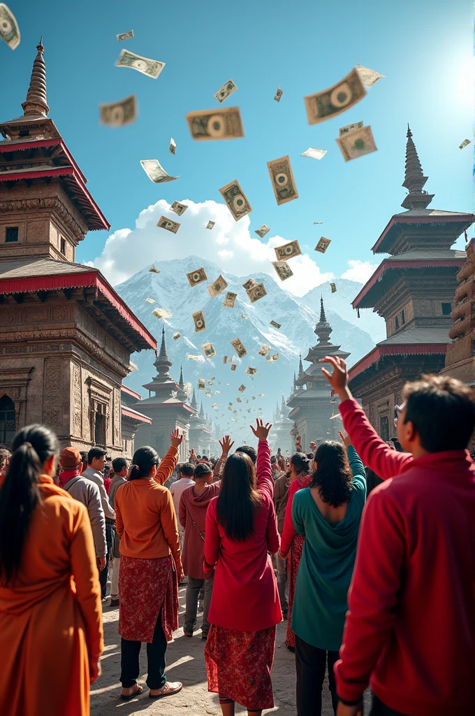 People are trying to grab money flying in the air in Nepal with temples at background