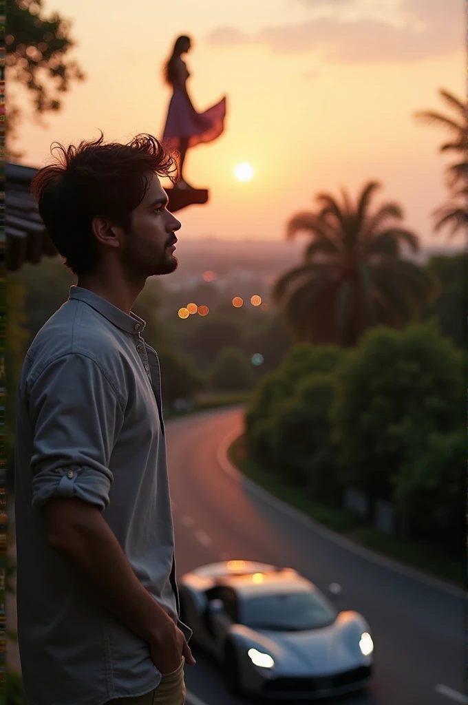A man is looking at a woman standing on the roof with loving eyes from below the house while his car is moving on the road