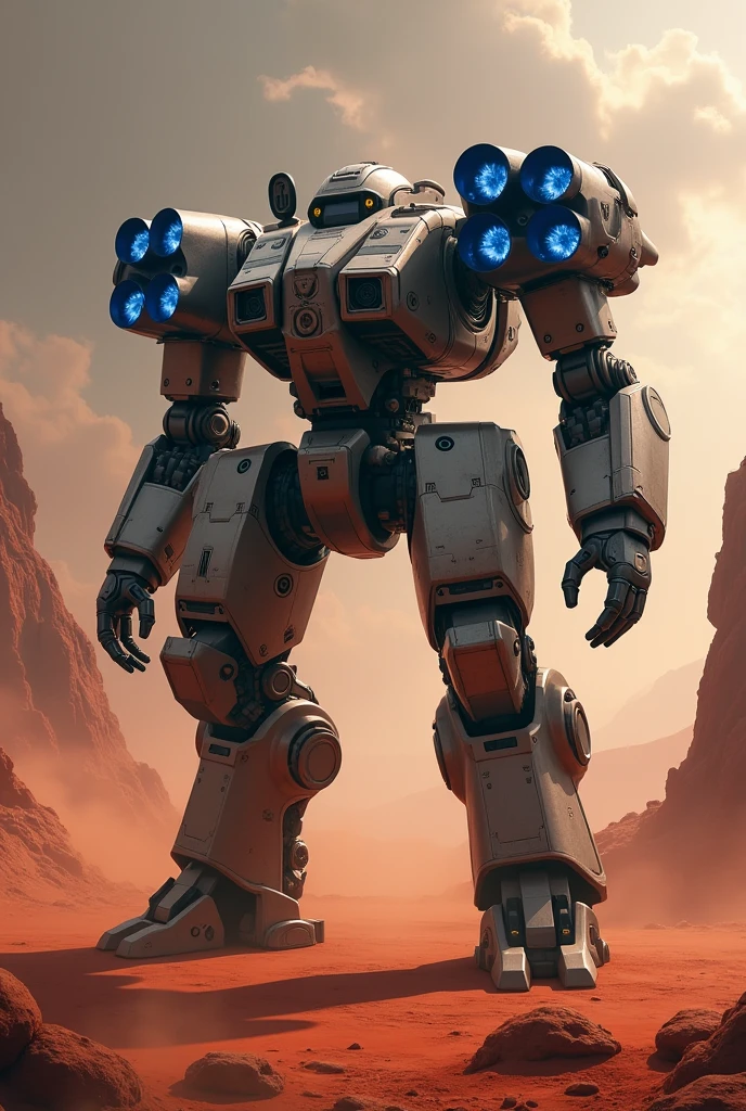 A mech from the game Helldivers 2 with jet engines on a Mars-like planet