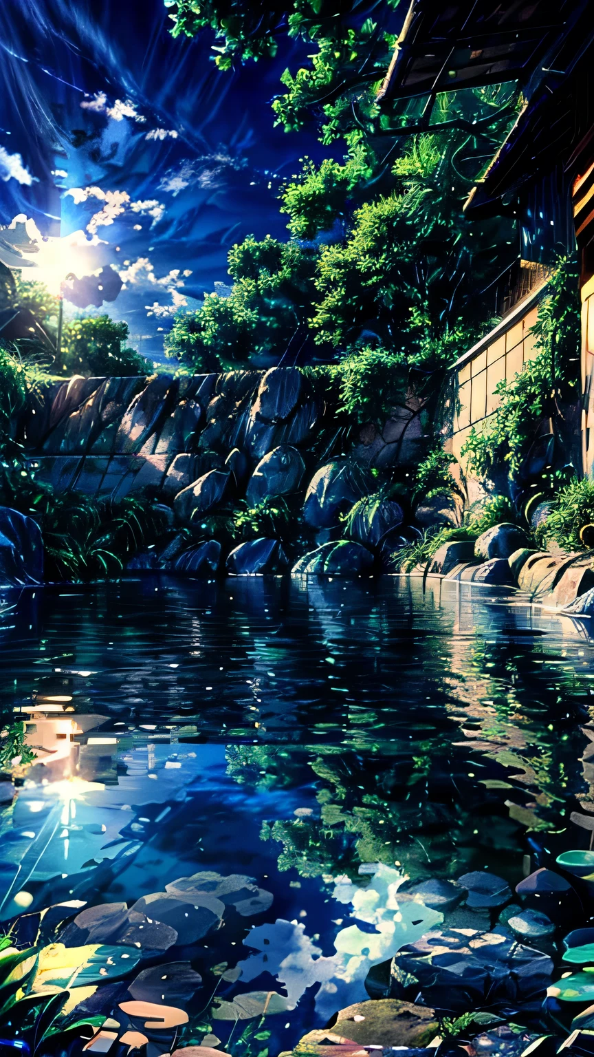 Create an image of a 50-meter swimming tank with clear, calm water, surrounded by minimalist, elegant design elements. The sky above is a stunning expanse of blue with soft, fluffy clouds gently drifting by. The scene should evoke a sense of tranquility and relaxation, with the sunlight reflecting off the water's surface, creating a serene and aesthetic atmosphere.