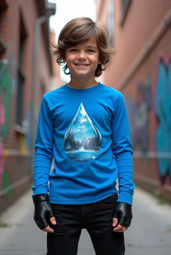 A boy brown hair blue full sleeves shirt with a water drop logo on his shirt black pants black half finger gloves and smirking