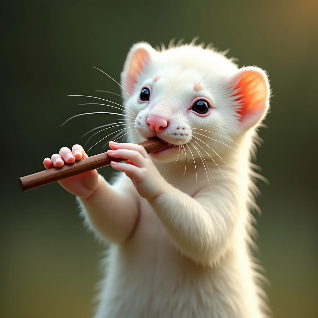 A pure white ferret playing the flute