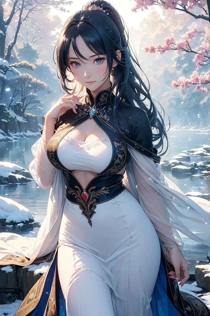 character: A beautiful woman, legendary, fairy, adult, (( ancient clothes, modest, manner)) ((((realistic oil art, 46-year-old Empress, vibrant look, with silver-black color hair, modest)), perfect body figure, very big breast, very big ass, beautiful face, milf, royal, shine eyes, blue eyes, ponytail long hair style, beautiful skin, Tachibana Omina art style, affectionate eyes, half a smile, a gentle expression on his face, serene scenery of spring under the snow, snow flake floating around, calm, breeze, sun, lake, reflection, in the background, butterflies in the sky, realism, ((Best quality))),8k,((Masterpiece)),(Extremely refined and beautiful), details: 1girl, masterpiece, extremely detailed, (beautiful detailed glow), lens flare, red flare lens, sun flare, clouds, backlighting, (blue sky) , light from behind, shadow on the figure, sparkling light , standing in the distance, looking at the viewer, full-length , elegance under the sun, hair ornament, movement motion, image look alive, Extremely details hair, fine details, cinematic lighting, beautiful lighting effect, creative design, full body frame, divine aura, hard harmony , sun light, perfect color transition, perfect balance of contrast, perfect color layer, perfectly smooth color blur, soft rendering, smooth color stroke, light glare, optic lens, light ray, soft colors, smooth colors blend, perfect color rendering, harmony, perfect color harmony, beautiful color, soft harmony, light particles, perfect details, intricate details, color prism, fine details, refine details, different view point)))
