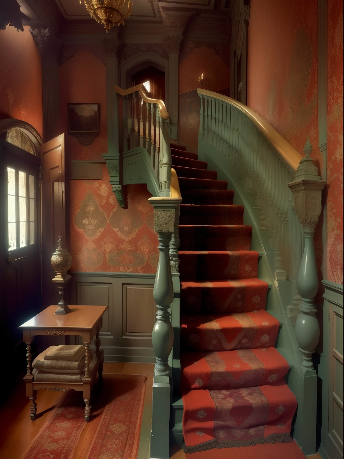 se compone de una serie de amplias habitaciones y pasillos abovedados. Most rooms are relatively empty, with occasional 1920s furniture and details. Most hallways are covered in ornate wallpaper that appears to have faces or stare as you pass by.. El piso es de madera oscura o baldosas rojas quemadas, usually with exotic rugs placed on top.