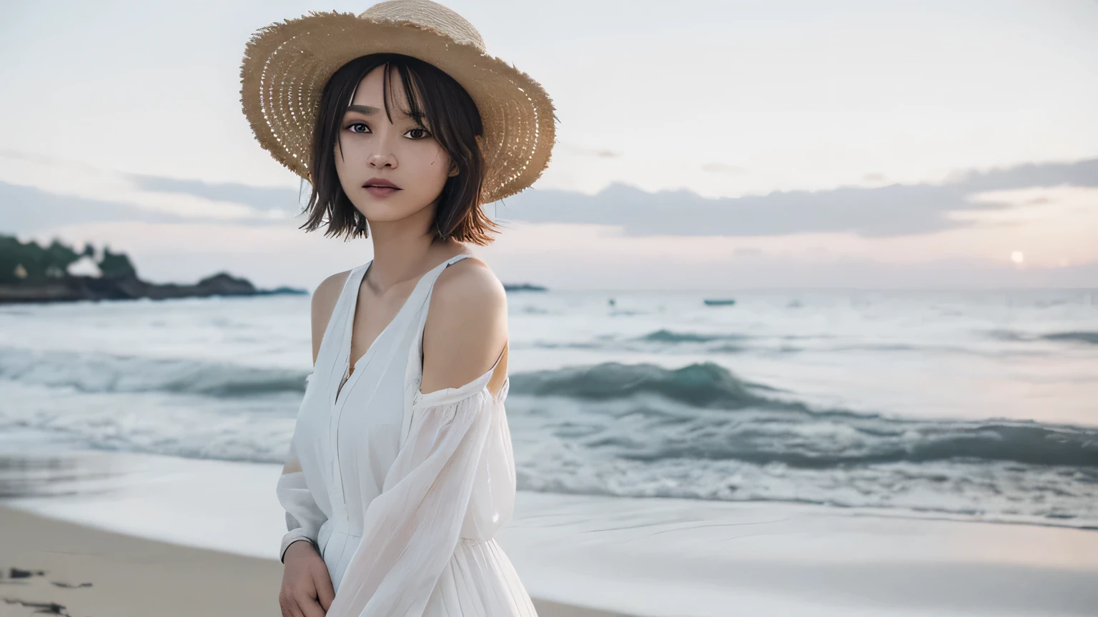 Highest quality,masterpiece,(Realistic:1.4),RAW Photos,(Real skin texture_1.3),One person,alone,bangs,short hair,Wearing a dress、She is holding her clothes with both hands, revealing a glimpse of her pants.、The background is the sea、Wearing a straw hat、
