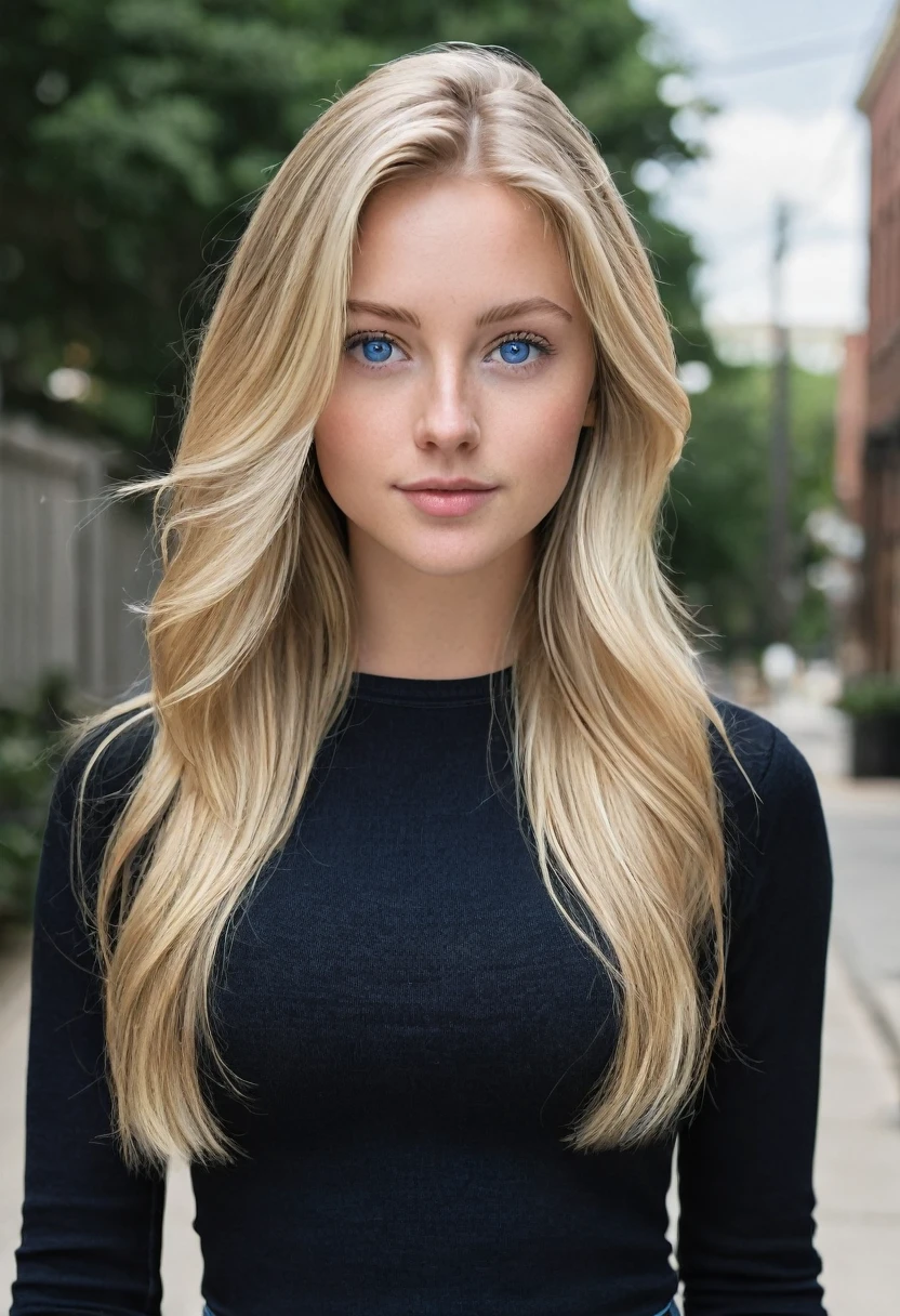 "A photorealistic picture of a 25-year-old American girl with long, medium size breast,tiny attractive nose, flowing blonde hair and blue eyes with wearing black top and dark jeans. She should have a natural, approachable expression and be illuminated by soft.Instagram photo. She is outside, her hands are not captured in the photo, Capture this image with a high-resolution photograph.