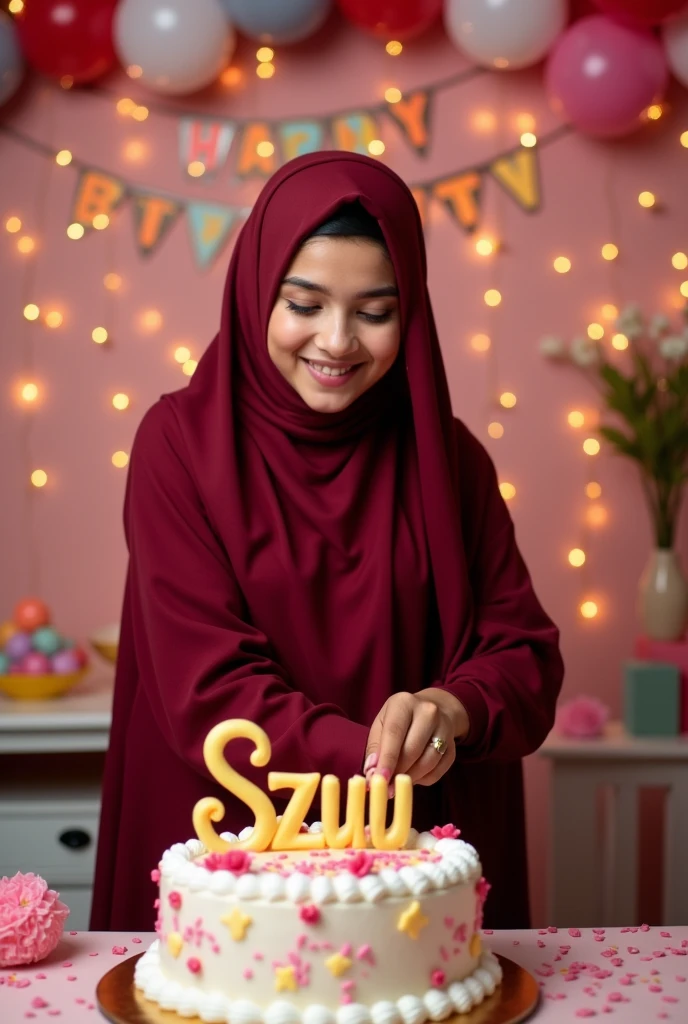 A beautiful  Muslim girl cutting a birthday cake,she is wearing a maroon long farak suit with dupatta,in background Szuu is written and decorated,and Szuu is also written on his cake