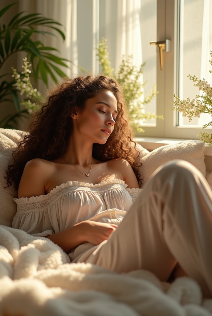 (photorealism:1.2), beautiful woman, sitting on bed, wearing loose off-shoulder top, pajama pants, long curly hair, indoors, soft lighting, plants in background, window with sunlight, cozy room, relaxed pose, realistic, intricate details, warm colors, by Greg Rutkowski, by Alphonse Mucha