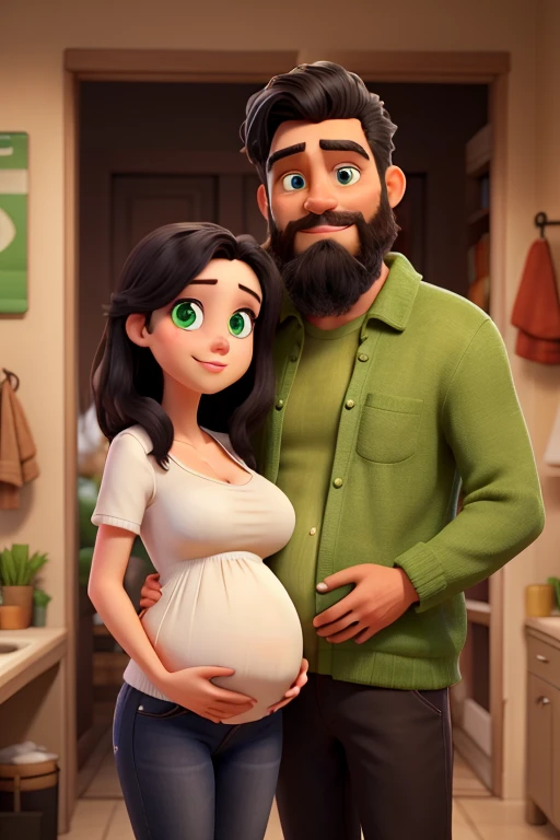 A white woman with green eyes, black hair and who is pregnant. Beside her is her husband with medium-length black hair, he has green eyes and a beard, and also has white skin.