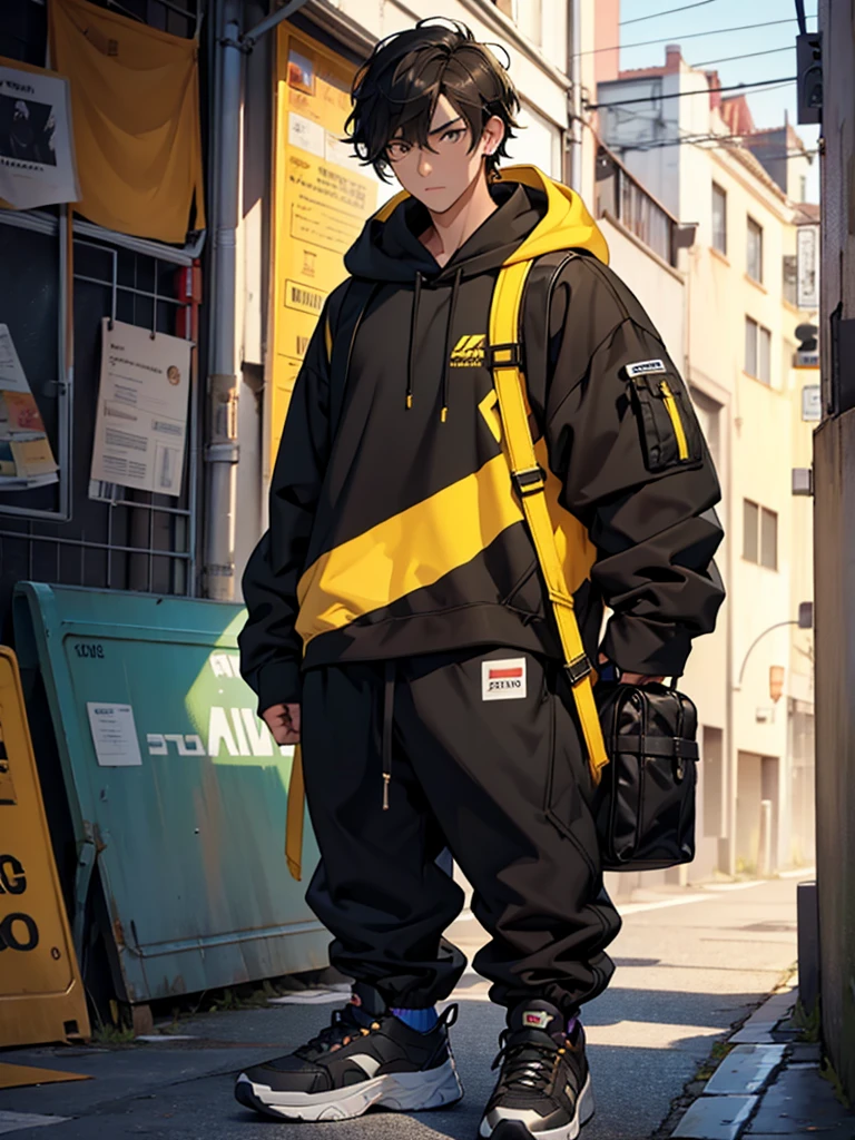 A tall brunette guy with a Height of 1,92 and Black hair and Light Brown eyes the Gray shirt, black hoodie with a hood and long sleeves that go to the middle of the forearm , green watch on the right wrist, black and long pants, dark blue sneakers with yellow laces, and a black backpack with details on the golden straps, and an earring in the left ear.