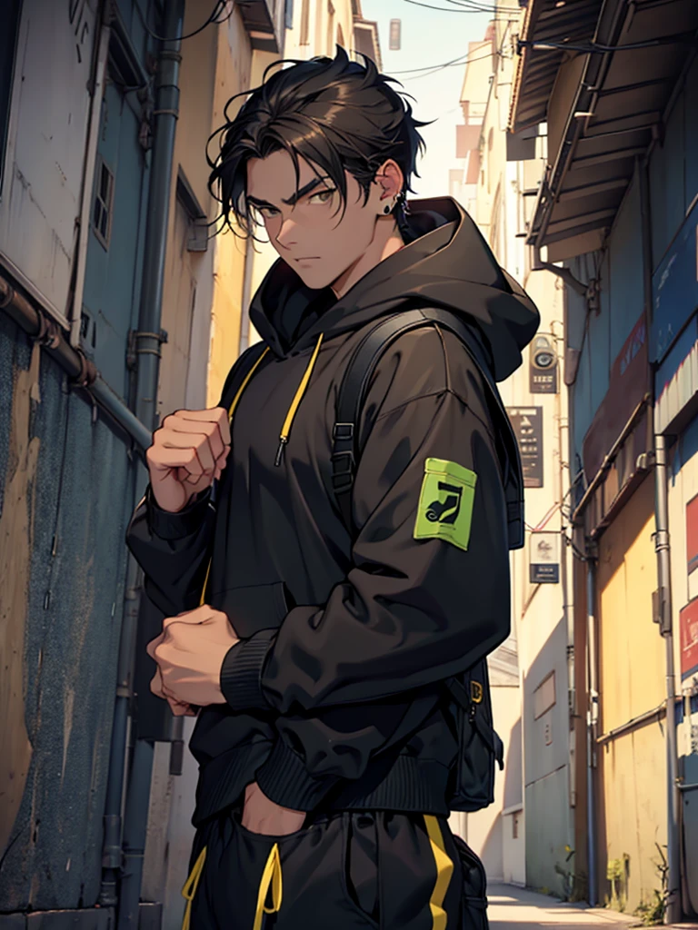 A tall brunette guy with a Height of 1,92 and Black hair and Light Brown eyes the Gray shirt, black hoodie with a hood and long sleeves that go to the middle of the forearm , green watch on the right wrist, black and long pants, dark blue sneakers with yellow laces, and a black backpack with details on the golden straps, and an earring in the left ear.