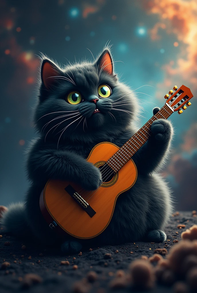 Big fat black anggora cat enjoy playing classical guitar on the space