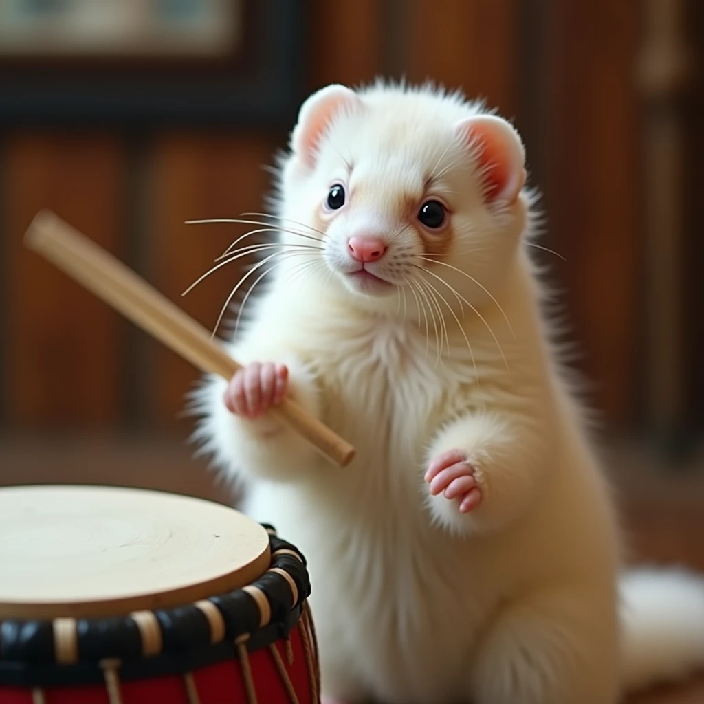 A chubby, snow-white ferret drumming on a taiko drum