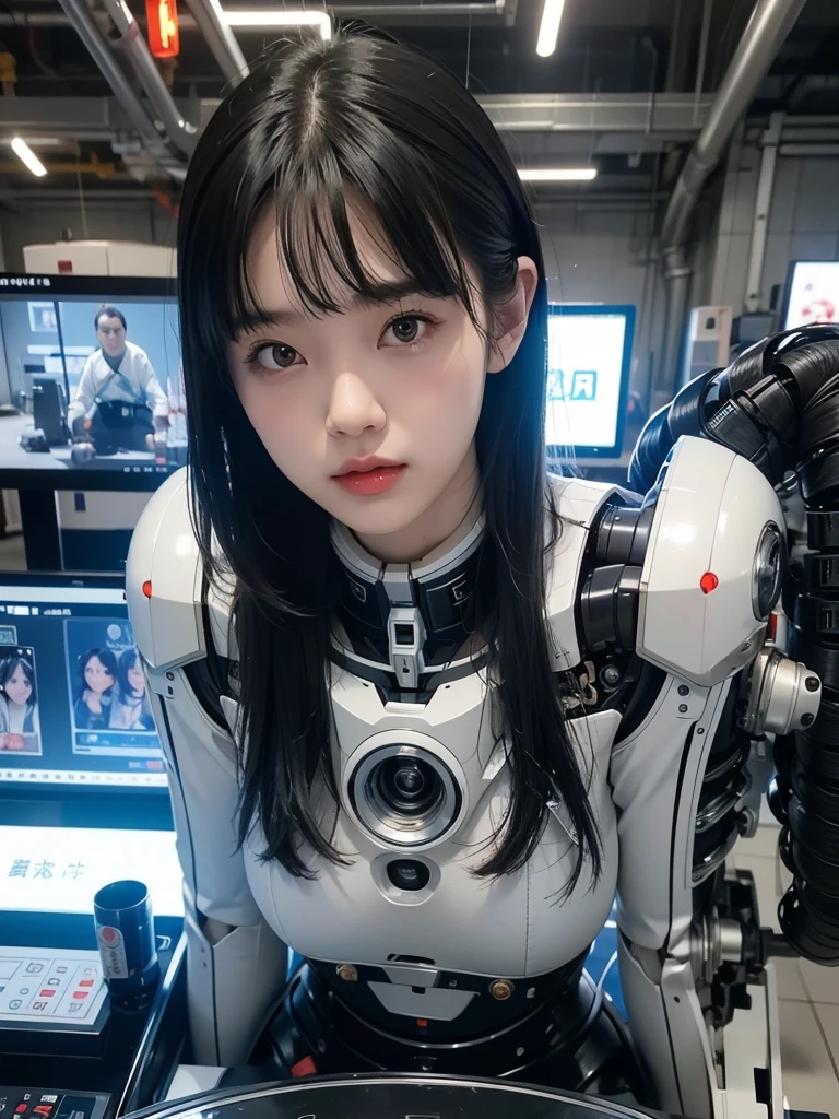 masterpiece, Highest quality, Very detailed, Japaese アンDroid girl,Portraiture,Plump,Thick,Control panel,アンDroid,Droid,Mechanical Hand, robotの腕と脚, Black Hair,Blunt bangs,perfect robot girl,Long tube,A thick cable was attached to her neck.,アンDroid,robot,humanoid,cyborg,japanese cyborg girl ,robot-assembly plant,She is now assembling,Assembly scene,Chubby,Squat