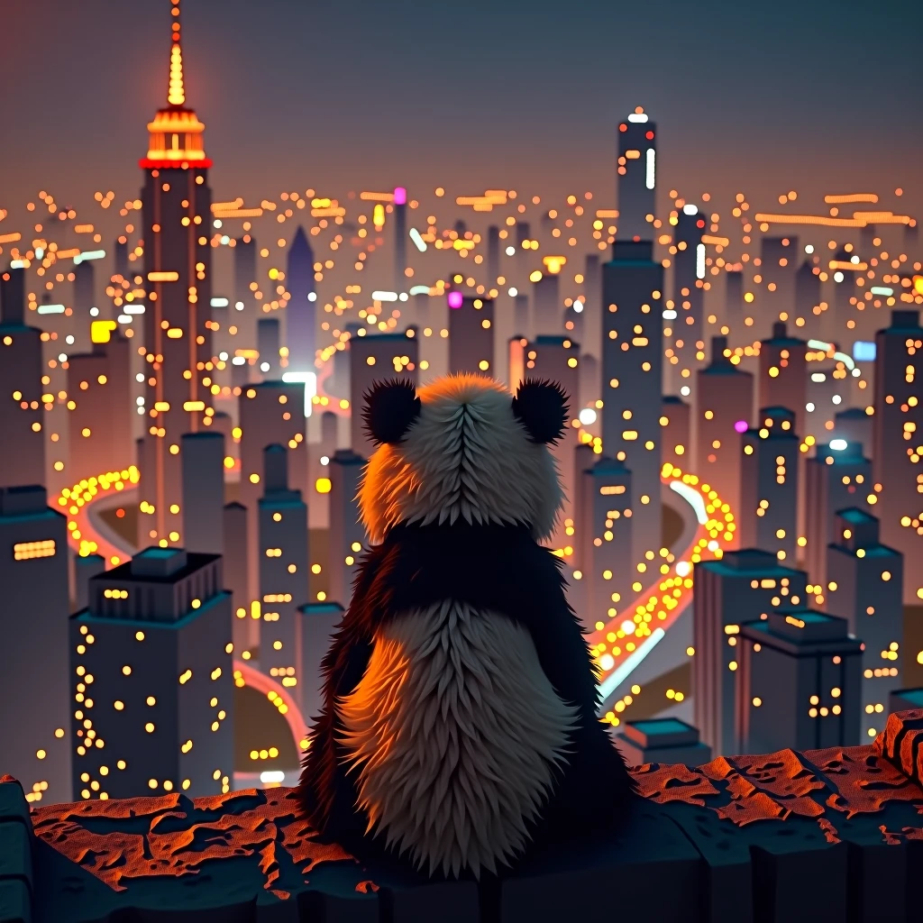 Highest quality、A futuristic city bathed in golden neon、Watching from on high、Night view、8k、The fluffy, soft back of a panda