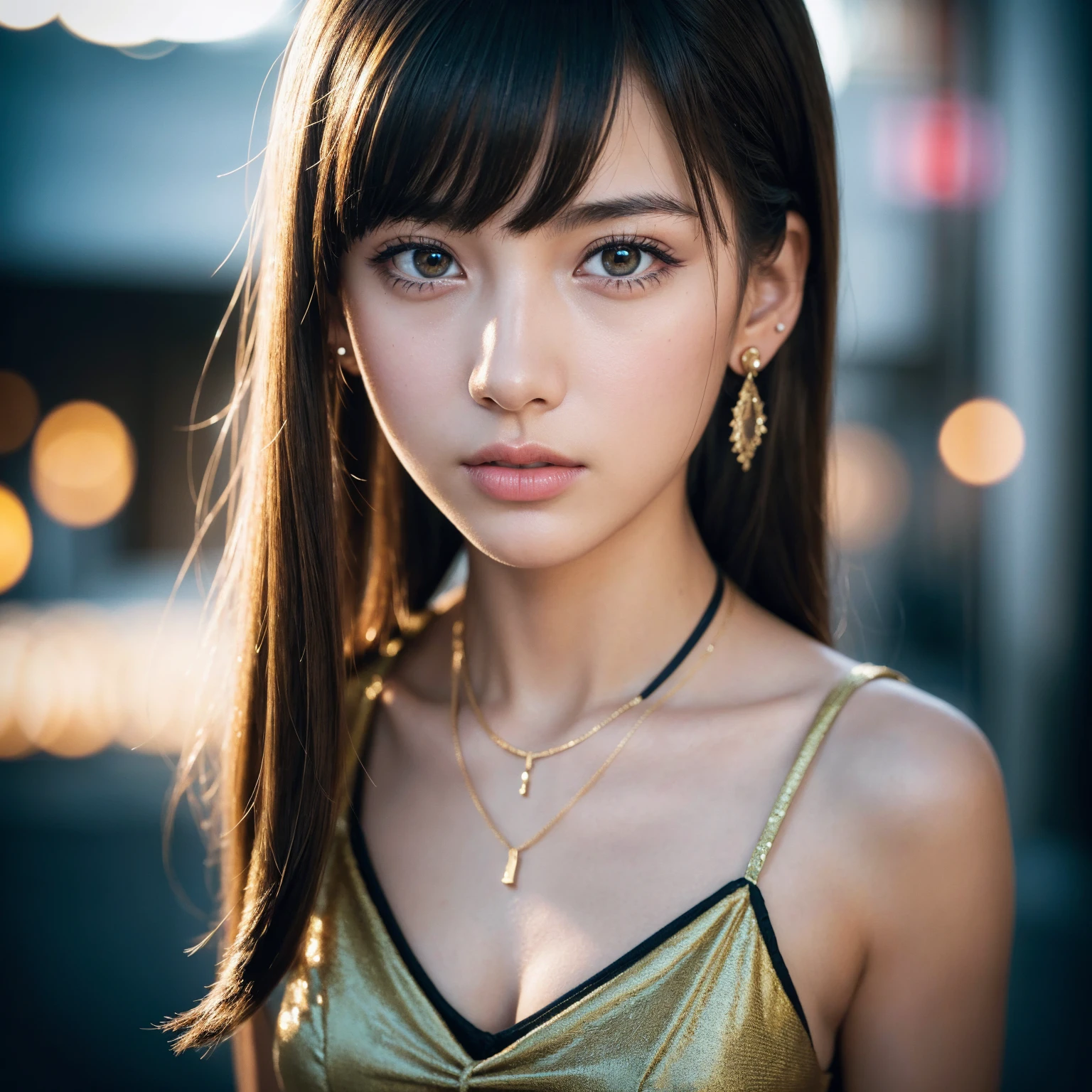 (8k,4K,Top Quality,Hi-Res:1.1),(Realistic, Photorealistic: 1.1),close up of a european,20 year old female,1 girl,独奏,face,twin tails,bangs,gold hair,necklace,earrings,lips,bule eye,eye shadow, Mature,jewelry,beautiful,standing,(small  hips),downtown,natural skin texture,24mm,4K textures,soft cinematic light,RAW photo, Photorealism,photorealistic,intricate,elegant, highly detailed,sharp focus,((((cinematic look)))),soothing tones,insane details, intricate details,hyperdetailed,low contrast, soft cinematic light,dim colors,exposure blend,hdr,faded,spaghetti strap,detailed, high contrast,European close-up,,1 person,alone,face,Twin tails,bangs,Golden Hair,necklace,Earrings,lips,Blue Eye,eye shadow,jewelry,beautiful,Are standing,(Small hips),Downtown,Natural skin texture,24mm,4K Textures,Soft cinematic light,RAW Photos, Photorealism,Realistic,Complex,elegant, highly detailed,Sharp focus,((((Cinematic look)))),Calm tone,非常識なdetailed, Complex details,hyperdetailed,Low contrast, Soft cinematic light,Dim color,Exposure Blending,High resolution,Faded,Spaghetti Straps,detailed, High Contrast,