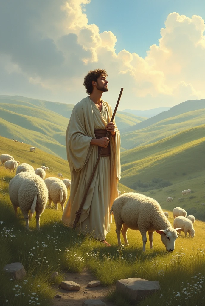 Illustrate a young shepherd named David peacefully tending his sheep in the serene hills of Bethlehem, In times of war. David should be depicted with a calm and contemplative expression, with a heart full of faith and love for God. Capture the serenity of the rural landscape, with sheep grazing around and David holding a staff, perhaps looking up at the sky or in a posture of prayer, highlighting the contrast between David's inner peace and the turmoil of the outside world."