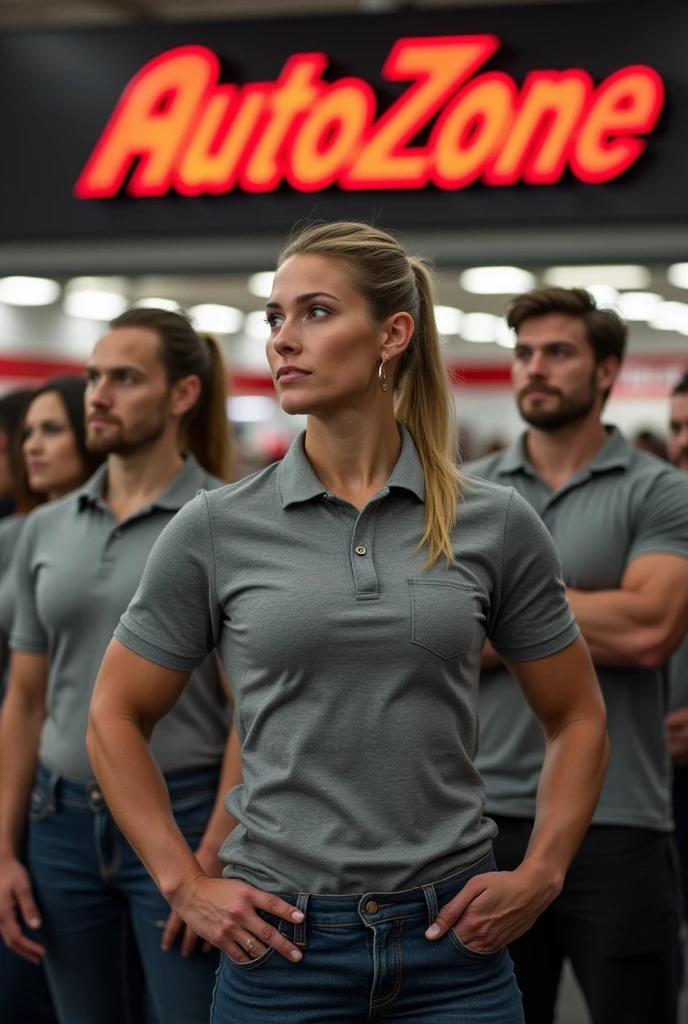 Really muscular women and men wearing grey polo shirts with a big red autozone sign in the background