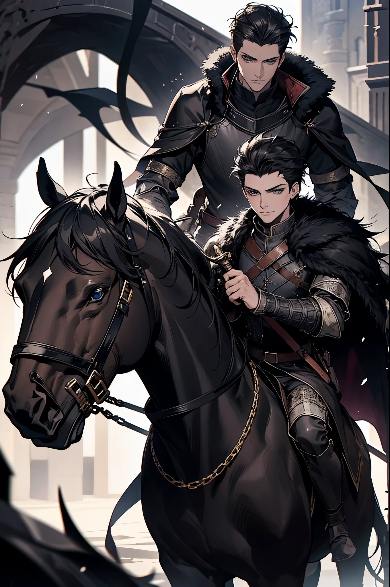 1 man, adult,middle age, 35 years old， ใบหน้าที่เป็นadult, short black hair ((Quiff Hairstyles)), blue eyes, Clear and detailed eyes, handsome, high, The nobleman rode a horse., black clothes,black armor,Black fur shawl,A long spear in hand,riding a black horse((A jet black horse)) , The horse's eyes are red, quiet, condescending, Medieval Fantasy, Medieval castle background, dark fantasy, (light color, Dynamic shading), side view, look at viewer