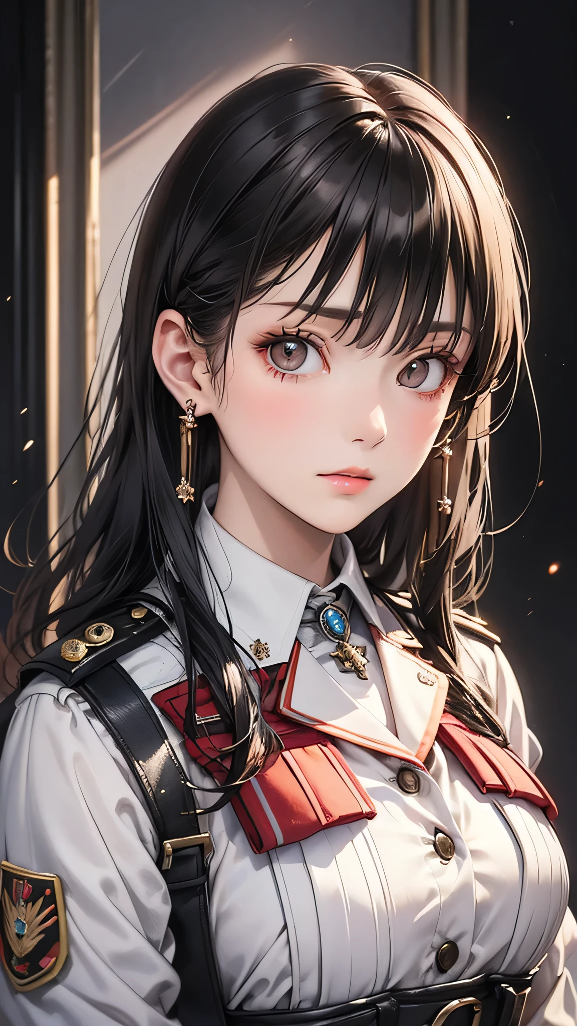 (masterpiece:1.2, Highest quality), 1 Female, night, alone, photoRealistic, SF film, sf, sf, bio, Upper Body, Mid-chest, Focus on the face, Realistic, Pastel drawing, Powerful, intellectual, sensuous, Detailed eyes (Intimidating look, Brown eyes) In good detail, Long black hair, The best CG, (wearing German red 2 world bio general uniform), army, Area Force, The greatness of army,